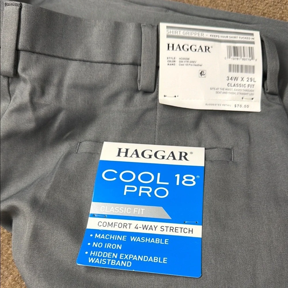 Haggar Men’s Cool 18 Pro Classic Fit 34x29 Light Grey Dress Pants NWT - Picture 3 of 11